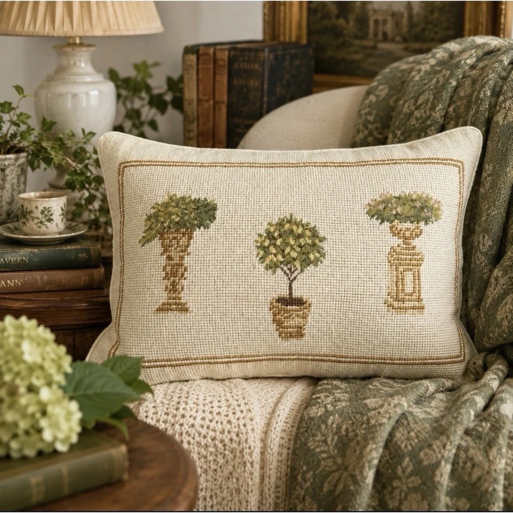 Waverly Wool Needlepoint Lumbar Pillow Topiary French Country English Cottage 16